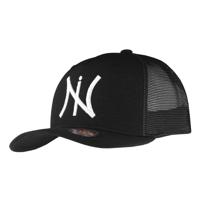 A black trucker cap with a mesh back and a prominent white logo on the front.