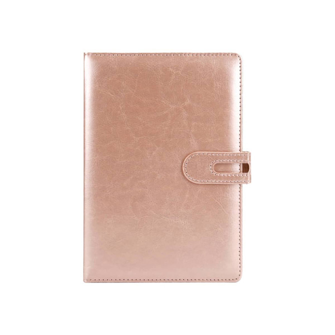 A rose gold PU notebook with a smooth finish and a clasp closure. Features a logo on the front.