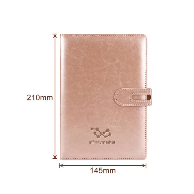 A rose gold PU notebook with a clasp closure, featuring a logo on the cover and dimensions of 210mm x 145mm.