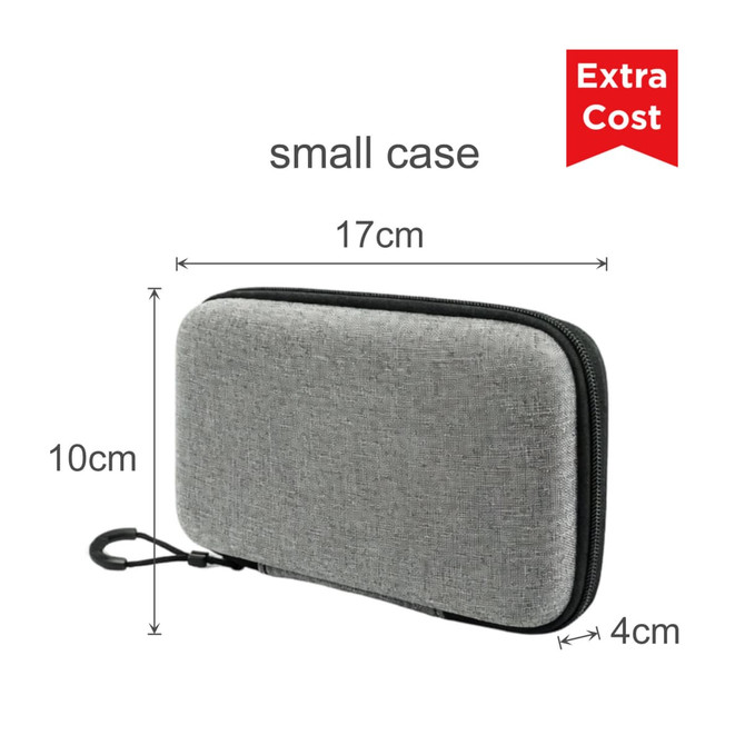 A small grey case with a zip closure and a hook, measuring 17cm by 10cm by 4cm.