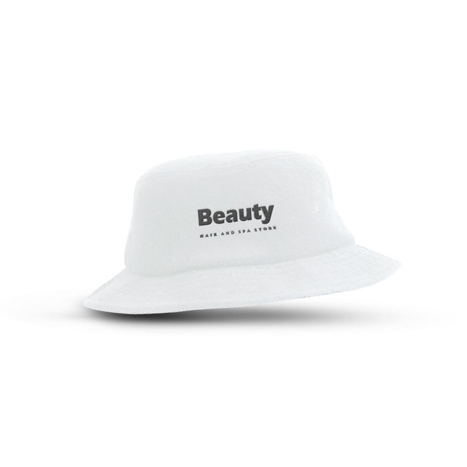 A white terry towelling bucket hat featuring a branding logo. Suitable for leisure and outdoor activities.