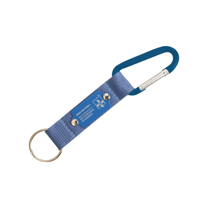A blue carabiner keyring with a fabric strap and a metal keyring attachment. It has a logo.