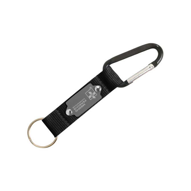 A black carabiner keyring featuring a sturdy clip and a strap with a logo attachment.