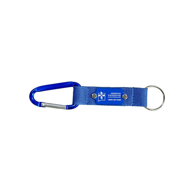 A blue carabiner keyring attached to a fabric strap, featuring a blue logo.