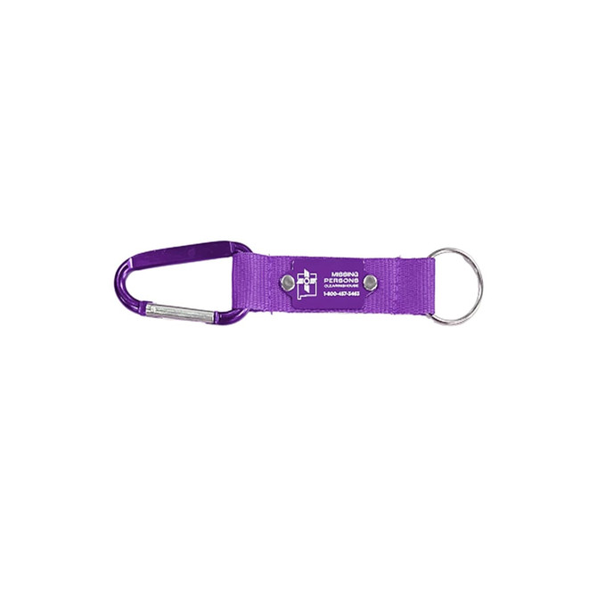 A purple carabiner keyring with a fabric strap and metal ring, featuring a logo on the strap.