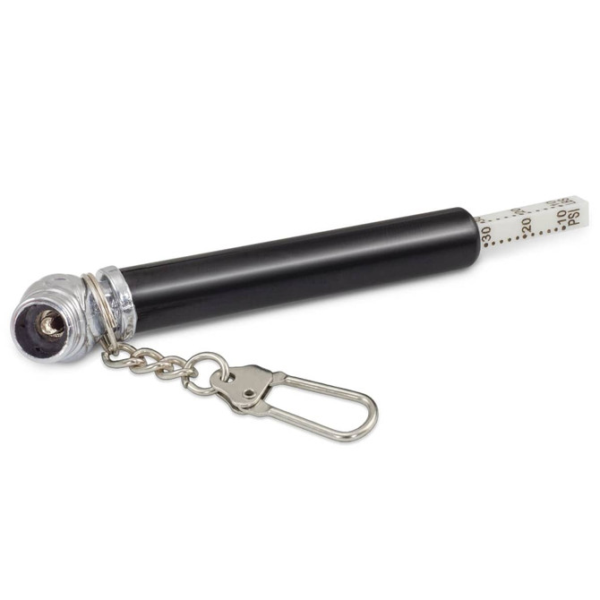 A black tyre pressure gauge key ring with a silver chain attachment and a measuring scale.