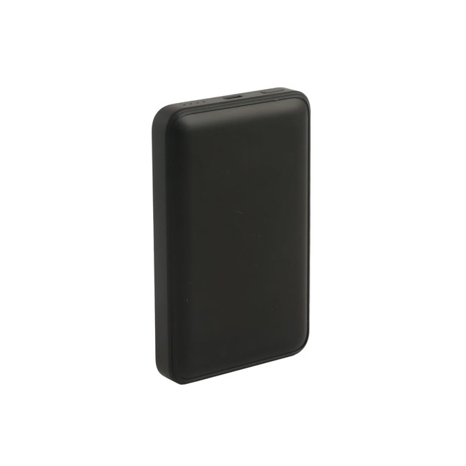 A black 10000mAh magnetic power bank with a sleek design and a logo on its surface.