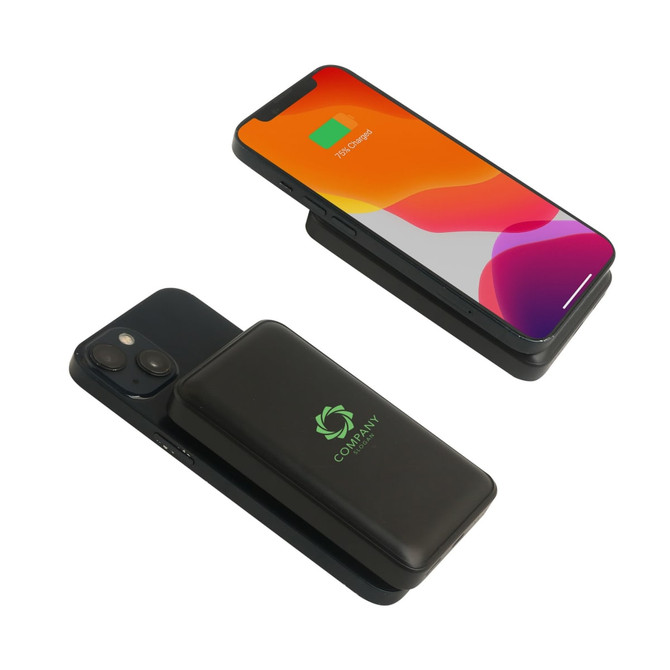 A black magnetic power bank with a logo, paired with a smartphone displaying a colourful screen.