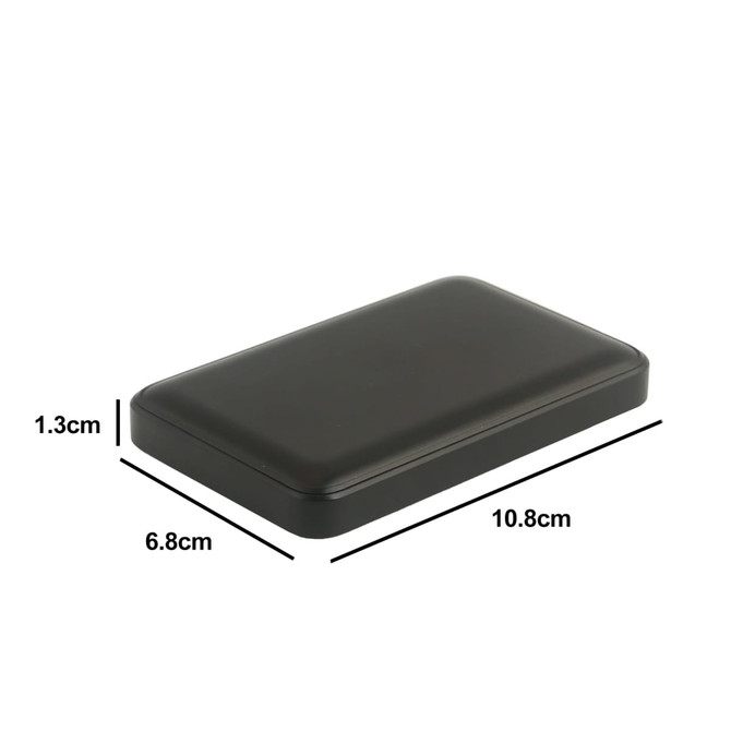 A black magnetic power bank measuring 10.8cm x 6.8cm x 1.3cm, featuring a smooth surface and a logo.
