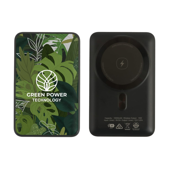 A magnetic power bank featuring a full colour print design with green foliage. It has a logo on the front.