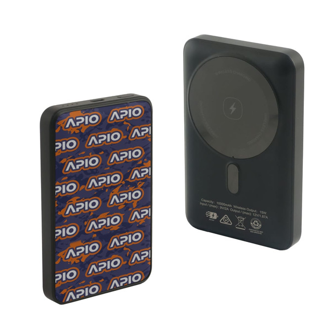 A magnetic power bank featuring a full colour print design, predominantly in blue and orange, with a branding logo.