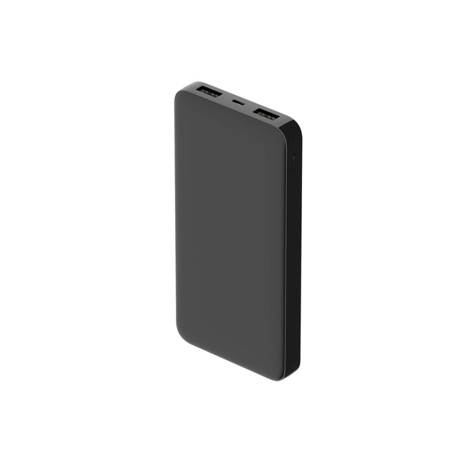 A black power bank with dual USB ports and a sleek, smooth design. It features a logo on the surface.
