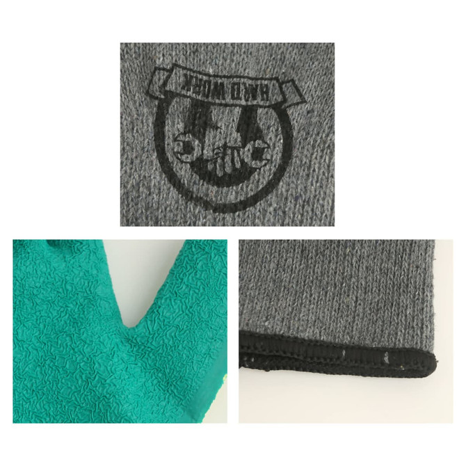 Latex dipped gloves in teal and grey, featuring a textured grip and a logo on the fabric.