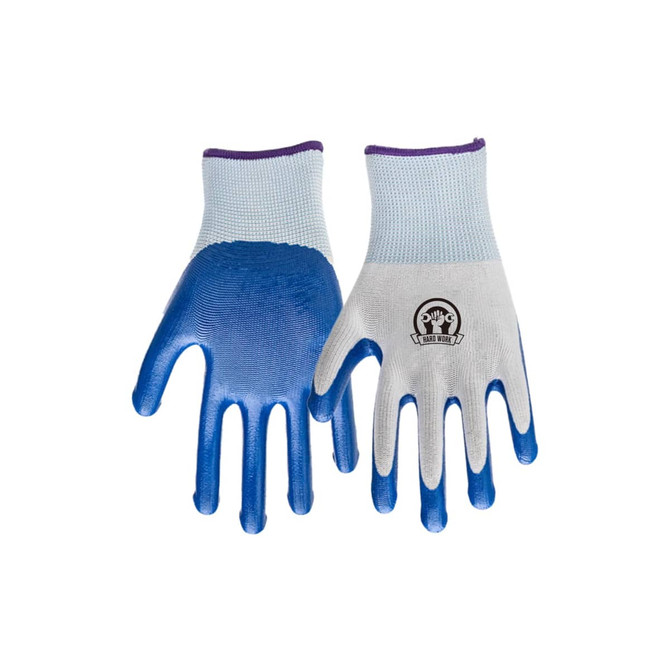 Gardening gloves in white and blue, featuring a logo on one glove. They have a textured grip for better handling.