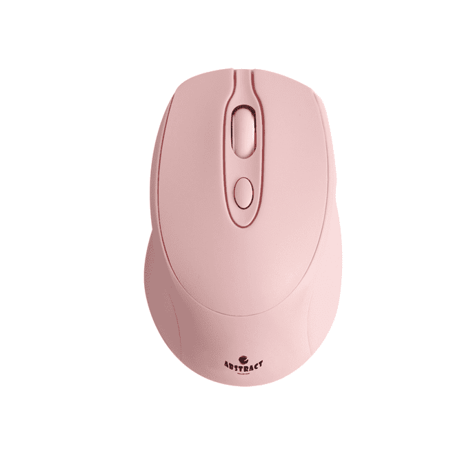 A pink wireless mouse with a logo on the base, featuring a smooth design and three buttons.