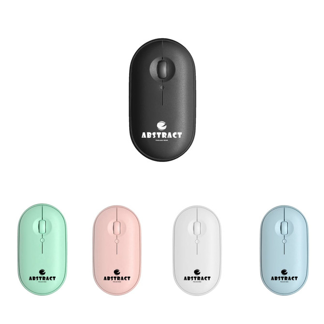 A wireless travel mouse in black, mint, pink, white, and blue, featuring a logo on each device.