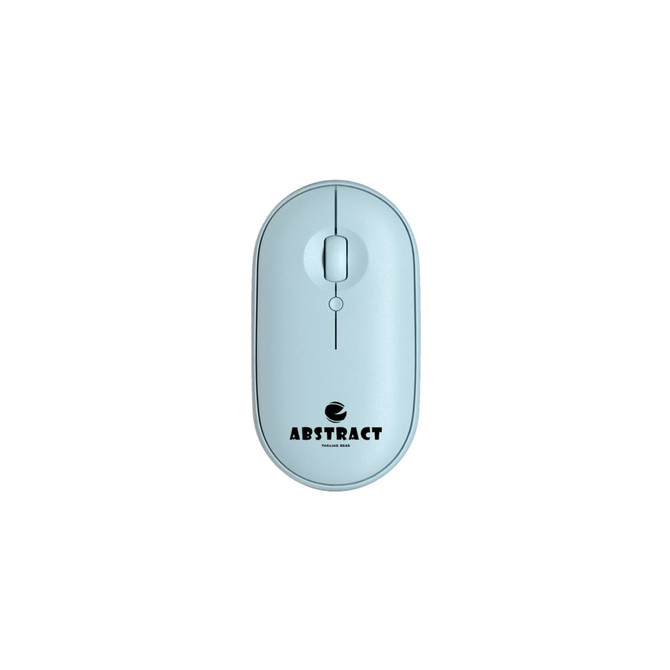 A slim, light blue wireless travel mouse featuring a logo.