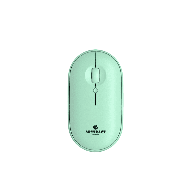 A mint green wireless travel mouse featuring a central scroll wheel and a logo on the base.
