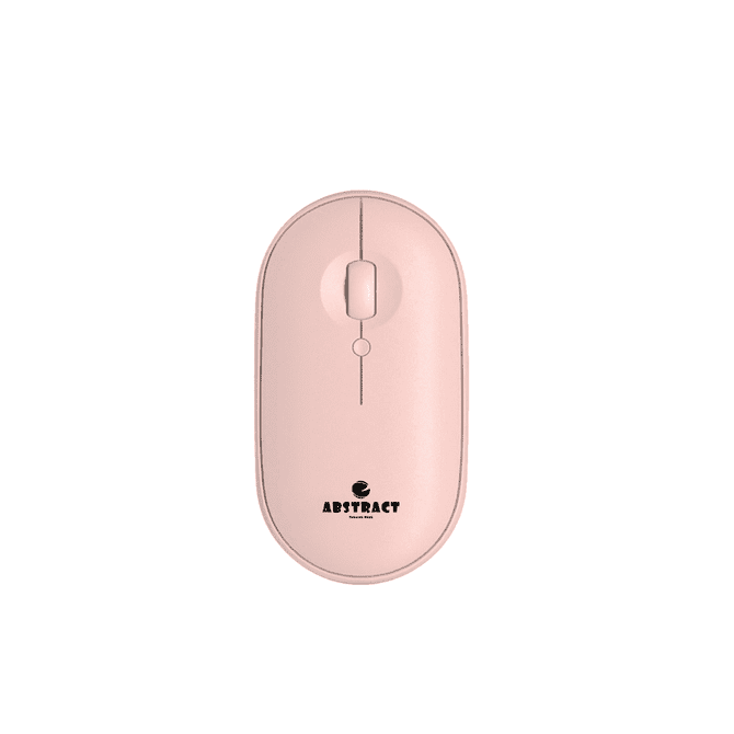 A pink wireless travel mouse with a smooth surface and a logo on the base.