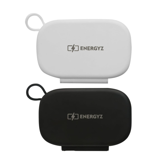 A wireless travel charger set in white and black, featuring a logo on each unit. Compact and portable design.