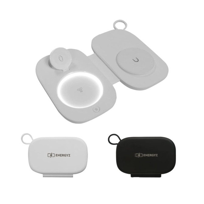 A 3-in-1 wireless travel charger in white and black, featuring multiple charging pads and a compact design.
