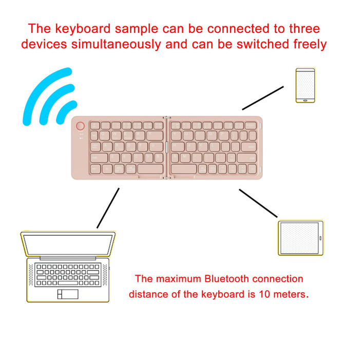 A wireless foldable keyboard in rose gold, designed to connect to three devices simultaneously.