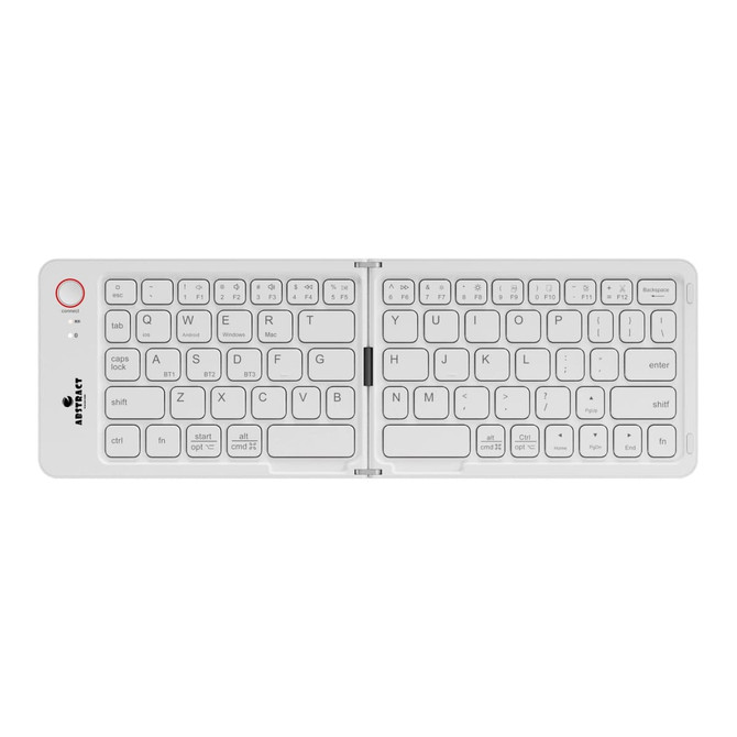 A wireless foldable keyboard in white, featuring a compact design and a small logo on the side.