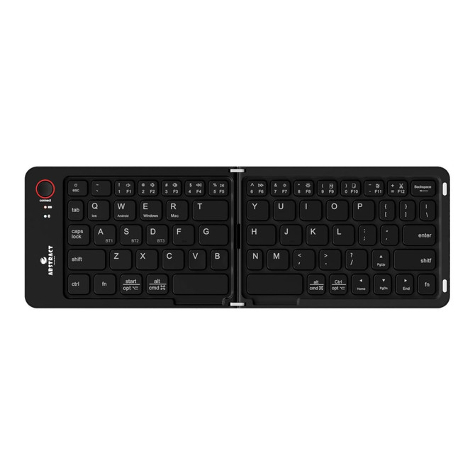 A black wireless foldable keyboard with a sleek design and a small logo on the side.