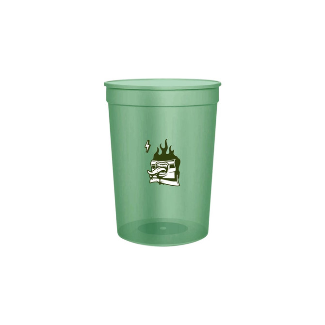 A translucent green plastic stadium cup with a logo on the front.