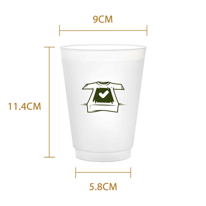 A frosted white plastic stadium cup, measuring 11.4 cm high and 9 cm wide, featuring a logo.