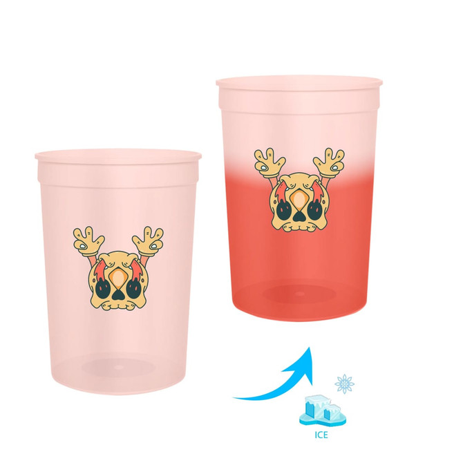 A plastic stadium cup featuring a colour-changing design, with a graphic of a cartoon character in yellow and red.