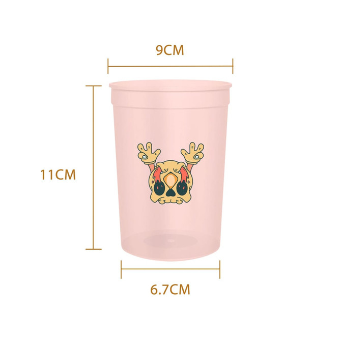 A plastic stadium cup in pink, featuring a design with a logo, measuring 11cm in height and 9cm in diameter.