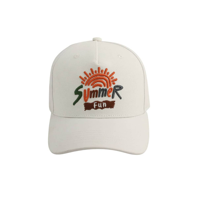 A white baseball cap with a vibrant sun and "Summer Fun" embroidery, featuring a logo on the front.