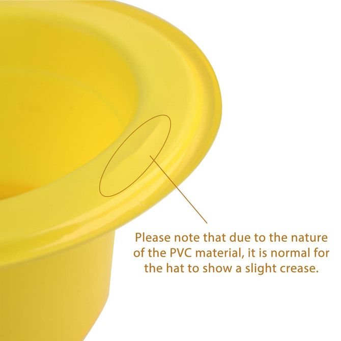 A yellow PVC top hat with a glossy finish, featuring a slight crease at the edge. It has a logo on the surface.