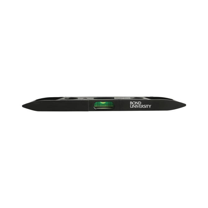 A magnetic torpedo level in black with a green bubble and a logo.