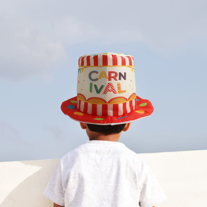A custom digital printed top hat with a red base and colourful polka dots, featuring a festive design.