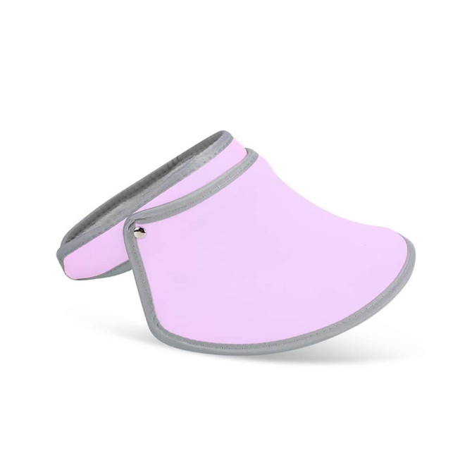 A pink 360° swivel sun visor hat with a grey trim and a logo.