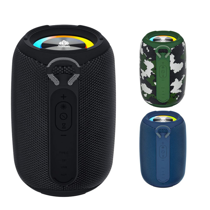 A waterproof Bluetooth speaker in black, camo, and blue designs, featuring buttons for volume and connectivity.