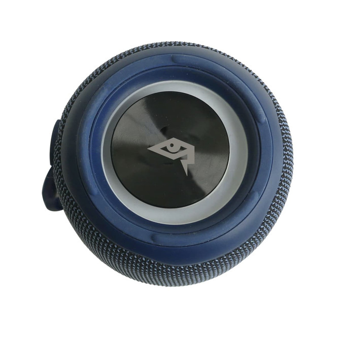 A round, blue outdoor Bluetooth speaker with a textured surface and a central black panel featuring a logo.