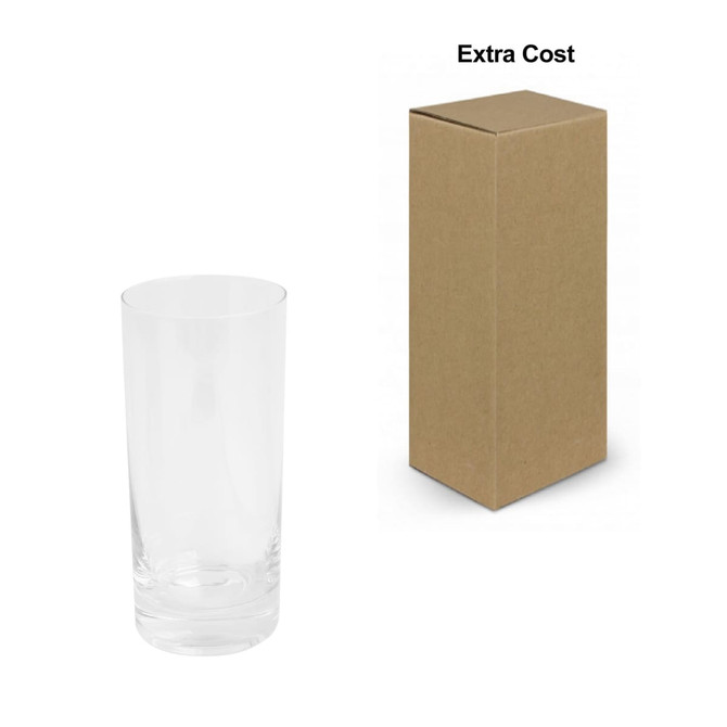A clear glass beer glass beside a plain brown box, featuring minimal design and a logo.