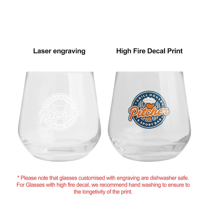 A wine glass featuring a laser-engraved design on one side and a coloured decal print on the other, both in clear glass.