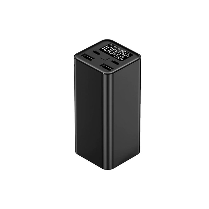 A black 20000mAh 65W laptop power bank featuring multiple USB ports and a digital display. It has a logo on the side.