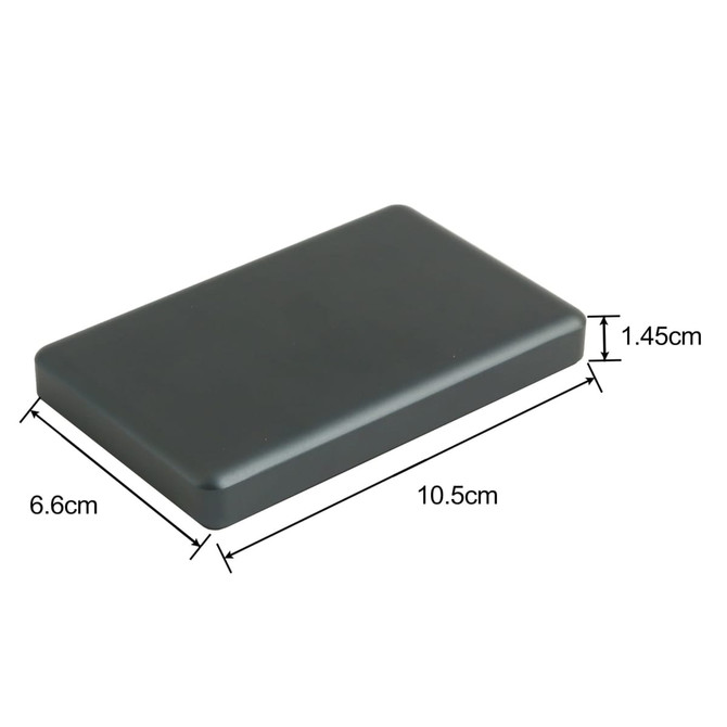 A black, rectangular power bank measuring 10.5cm by 6.6cm by 1.45cm with a logo on the surface.