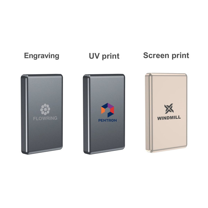 A metallic power bank in various finishes, featuring different logos on a sleek, rectangular design.