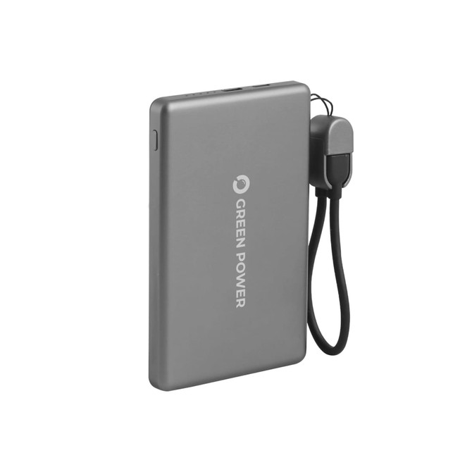 A compact grey aluminium power bank with a detachable cable, featuring a logo on the surface.