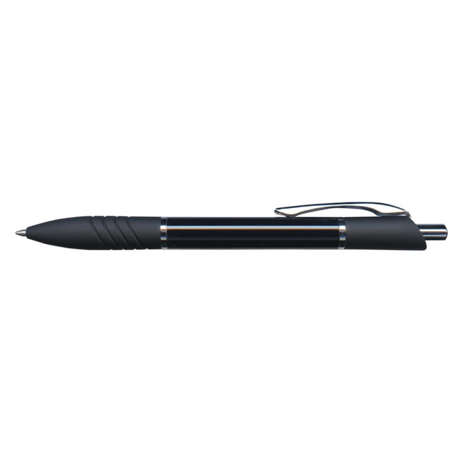 A sleek metal pen with a black finish and textured grip, designed for comfortable writing.