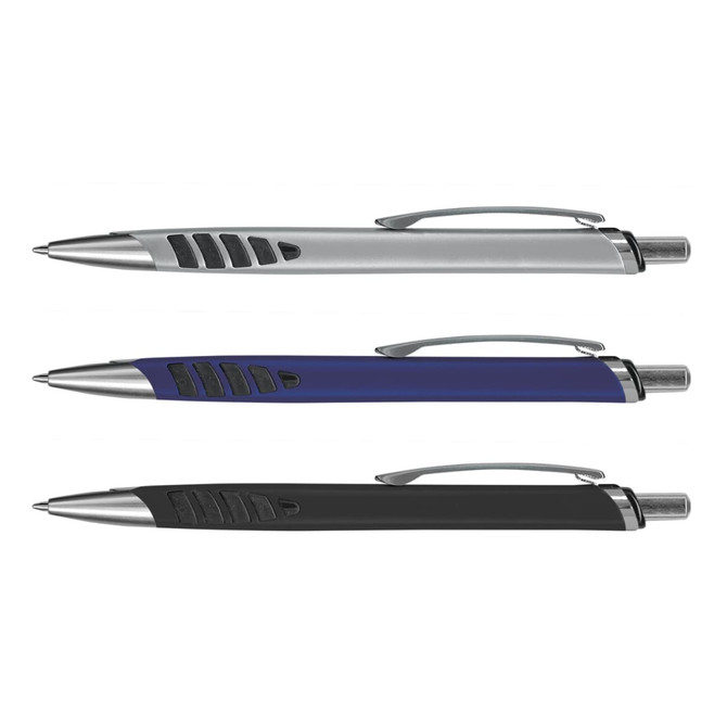 Three plastic pens in silver, blue, and black, featuring a textured grip and a clip for attachment. Each pen has a logo.