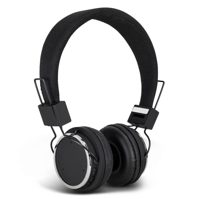 Stylish black Bluetooth headphones with soft ear cushions and a sleek adjustable headband. Features branding.