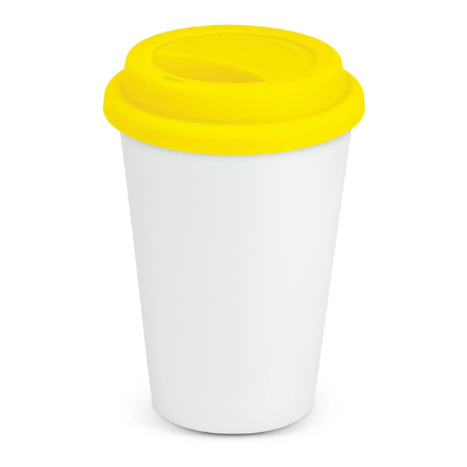 A double wall coffee cup featuring a white body and a bright yellow silicone lid, with a logo on it.