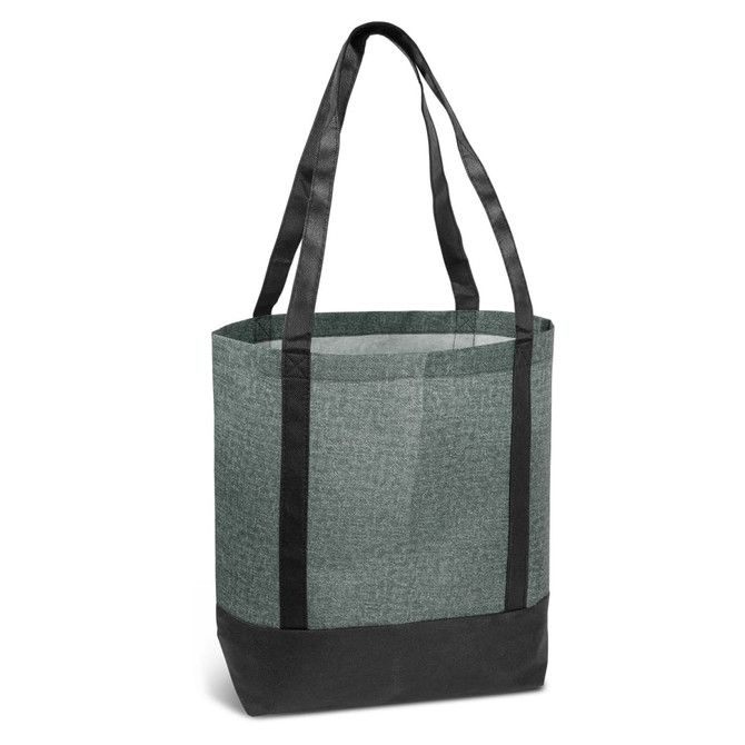 A green heather tote bag with black straps and a black base. It features a logo on the side.